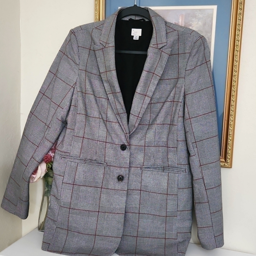 Double Button Blazer Size Medium Career Contemporary Preppy Plaid Glam Formal